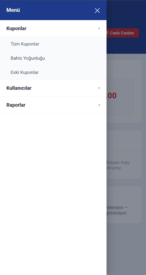Kuponlar menüsü